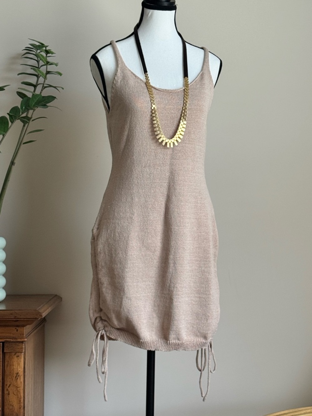 Neutral Beige Knit Tank Dress with Drawstring Hem Festival Ready!